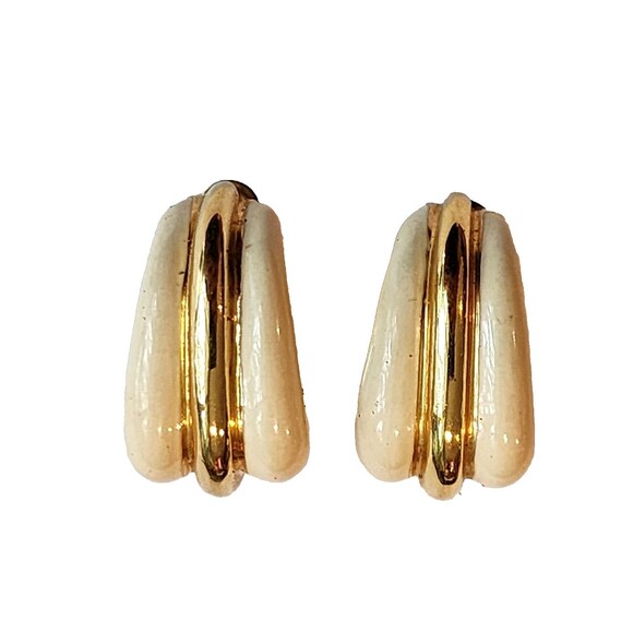 Vintage St. John Gold Tone Ivory Enamel Clip Earrings - Picture 2 of 7